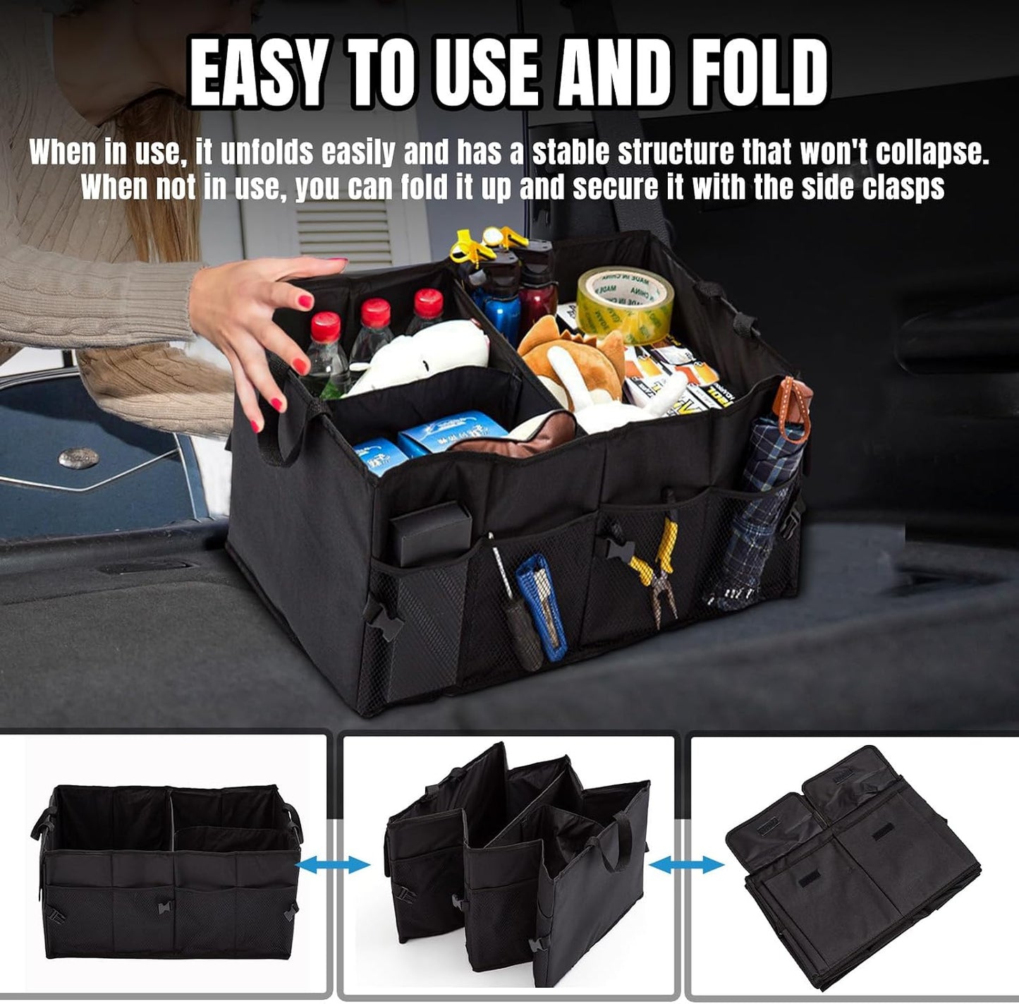 Hovom 2PCS Car Trunk Organizer, Collapsible Trunk Backseat Organizer, Multi-Compartment Car Organizers and Storage, Foldable Trunk Storage Organizer for SUV, Road Trip Essentials Accessories (2PCS)