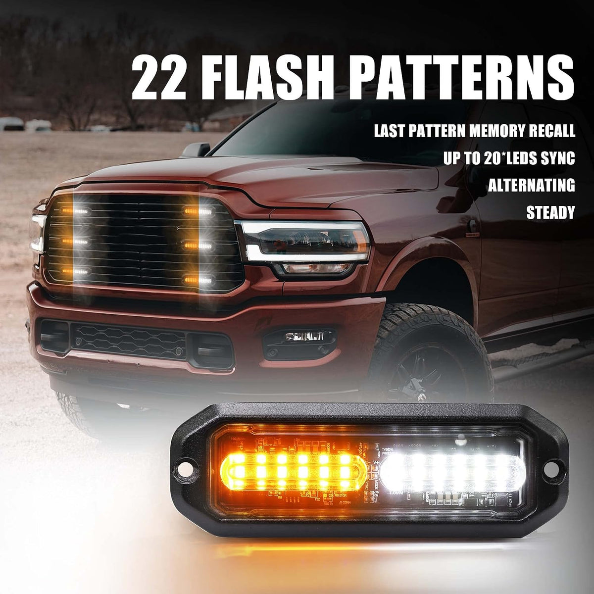 WINECO Amber/White LED Strobe Lights Kit - 8pcs 12-LED Flashing Emergency Warning Lights for Trucks, Cars and Vehicles