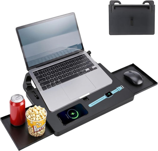 Extendable Steering Wheel Tray, Adjustable Car Desk for Laptop and Tablet, Car Food Tray with Expandable Side Panels and Locking Clip Support for Eating, Working