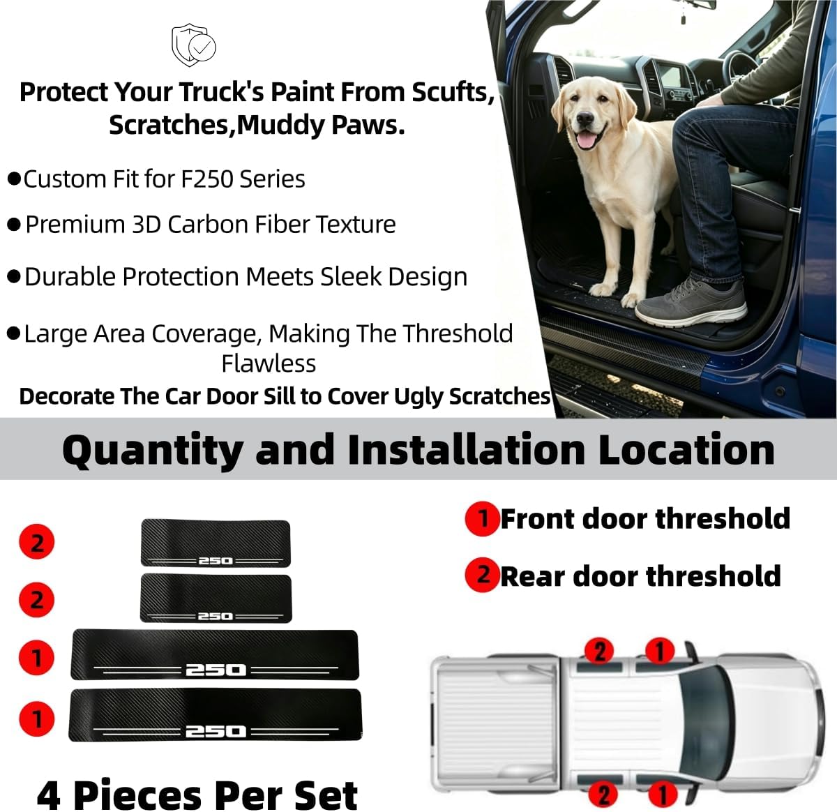 Door Sill Protector for F-250 Super Duty Car Accessories Car Door Entry Guard Sill Protector with Plastic Scraper Carbon Fiber Leather Threshold Stickers