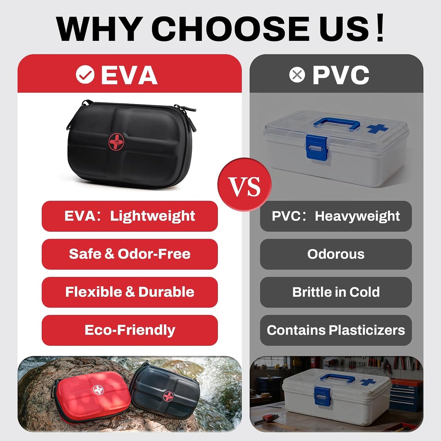 RHINO RESCUE EVA First Aid Kit, Small Waterproof Backpack Emergency Hiking First Aid Kit for Backpacking, Medical Kit for Travel, Home, Car, College Dorm, Camping, Boat, Back to School (Black)