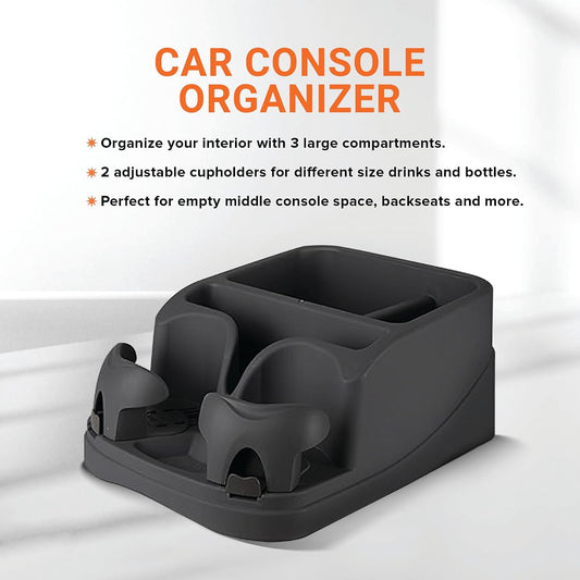 Armor All Car Console Organizer, Car Seat Organizer with 2 Adjustable Cup Holders, 3 Large Storage Compartments, Seatbelt for Secure Hold, Vehicle Middle Seat Organizer for Cars, Trucks, Minivans