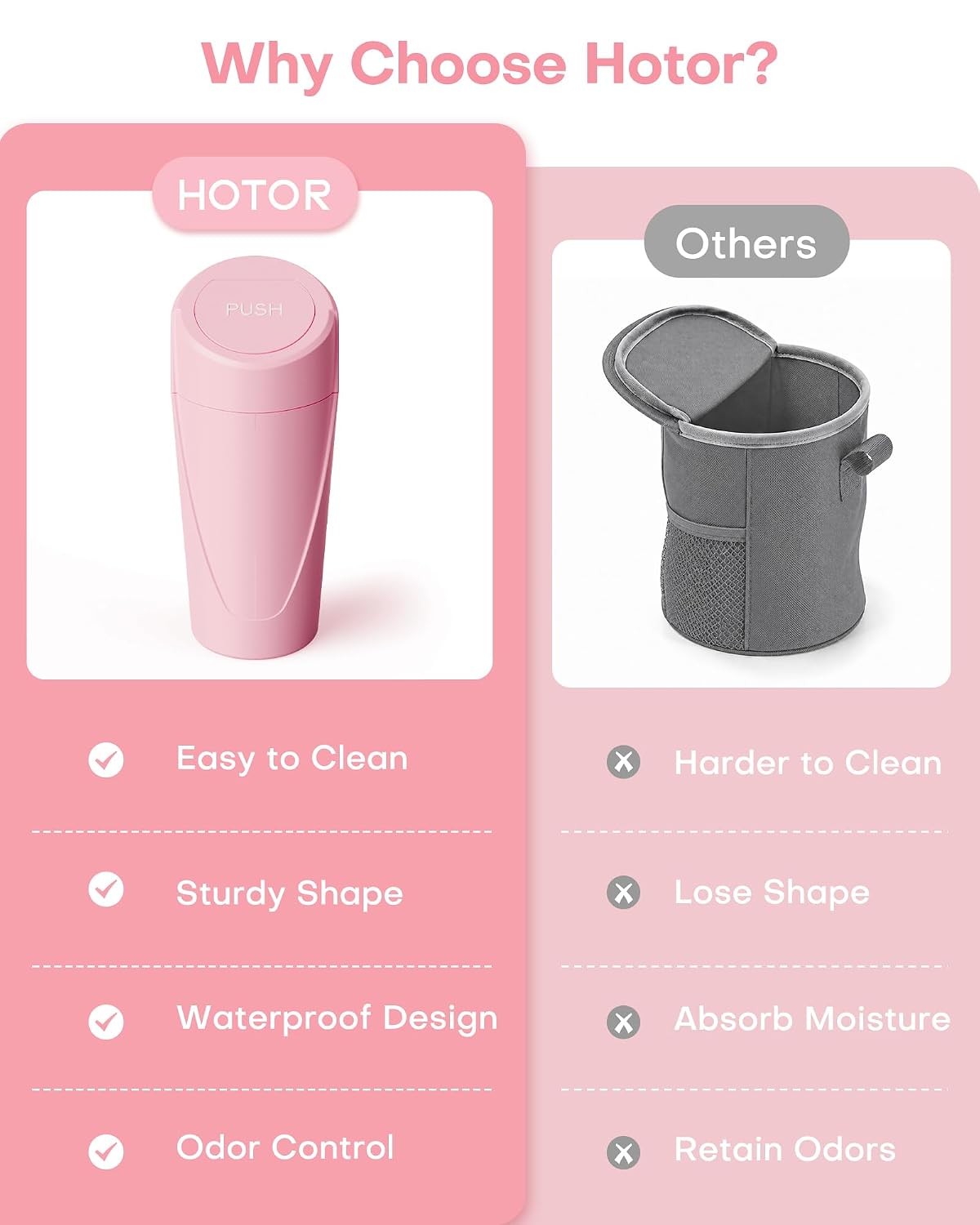 HOTOR Car Trash Can, Pink Car Garbage Can with Lid, Bonus Bags, L(2 Pack)