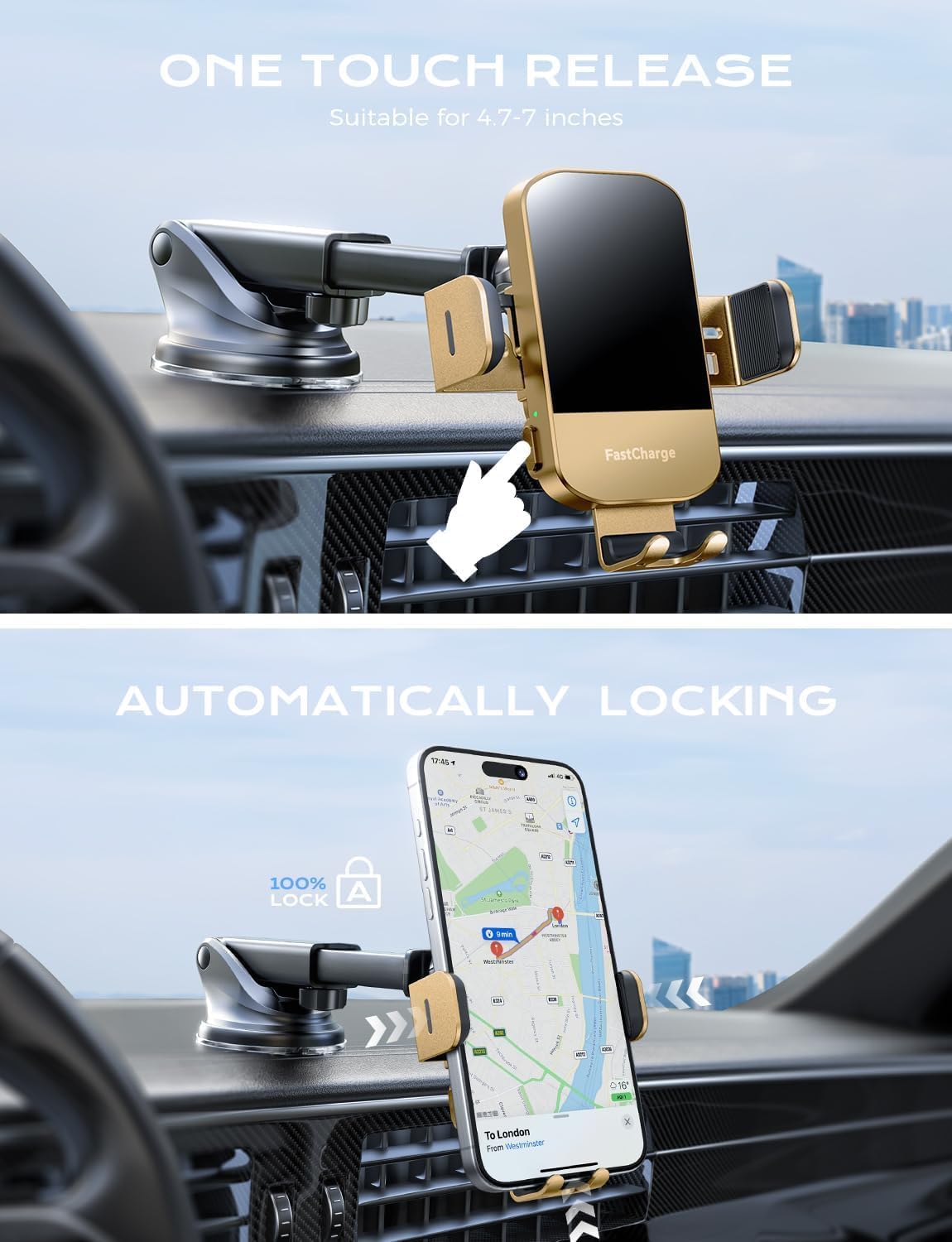 Wireless Car Charger, 15W Fast Charging Auto Clamping Car Charger Phone Mount Phone Holder fit for iPhone 15 14 13 12 11 Pro Max Xs, Samsung Galaxy S24 Ultra S23 S22 S21, S20, S10+, Golden