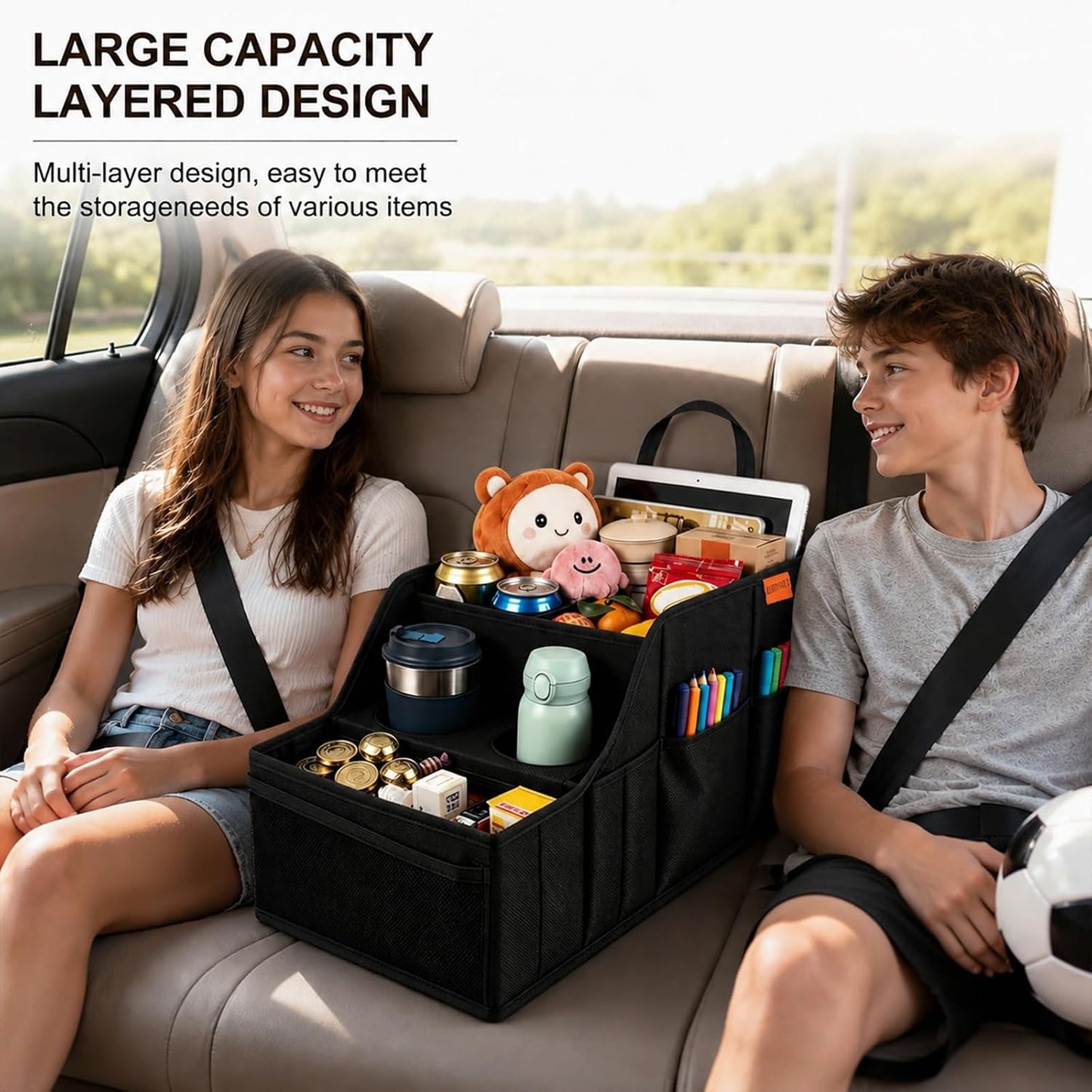 Car Seat Organizer Back Front Captains Seats Storage Travel | Car Organizer, Back Seat Car Organizer, Car Seat Organizer Front Seat – 9 Compartments, 2 Cup Holders – Foldable, Black.