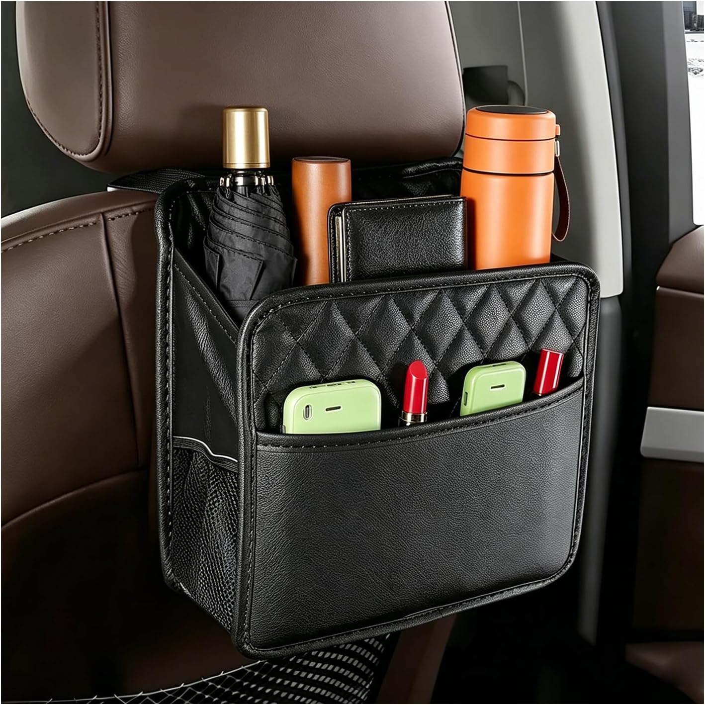 Car Seat Back Organizer, Foldable Leather Auto Backseat Hanging Storage Pocket, Multipurpose Large Capacity Seat Back Hanging Bag for Most Vehicles, Car Accessories