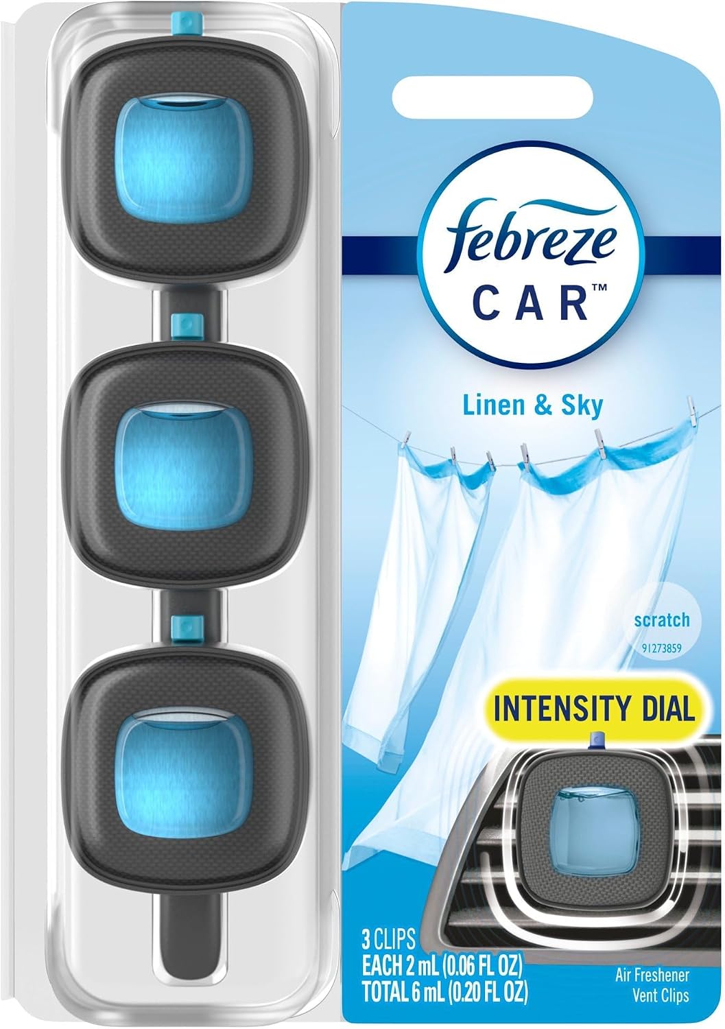 Febreze Car Odor-Fighting Car Freshener Vent Clip Linen &amp; Sky, 0.06 fl oz, 3 Ct Pack of 2
