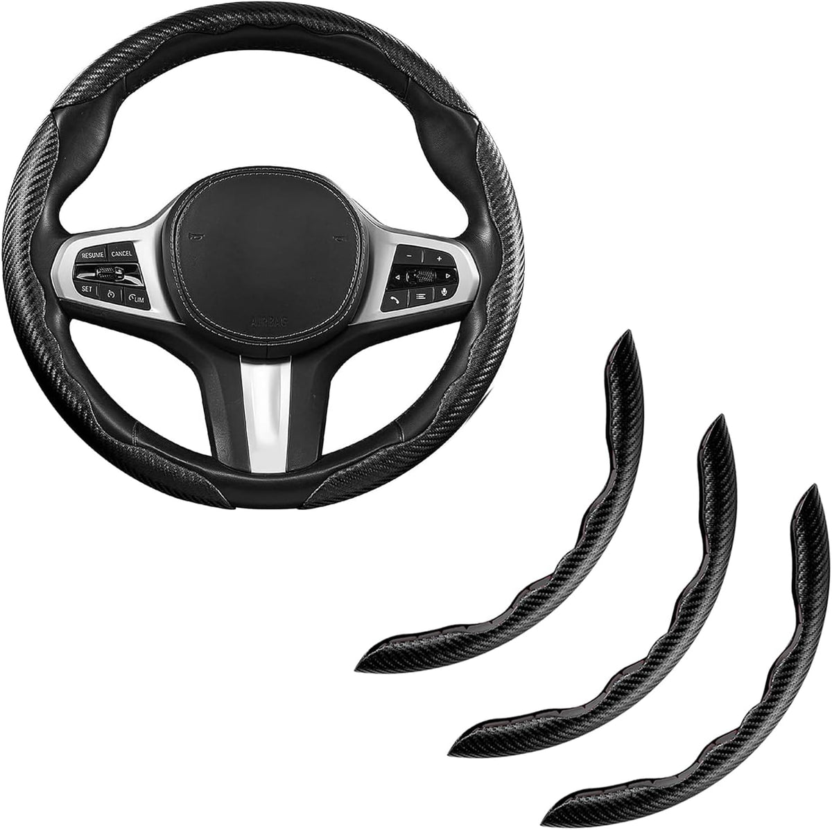 Carbon Fiber Steering Wheel Covers 3 Piece Clip on Steering Wheel Cover (Black)