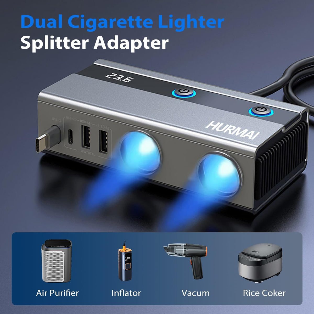 Dual Socket Cigarette Lighter Splitter Adapter with Retractable Phone Charger, 120W Heavy Duty Truck Car USB Chager Multi Port with PD/QC Charge USB C 12V/24V Independent Switches for Car Devices