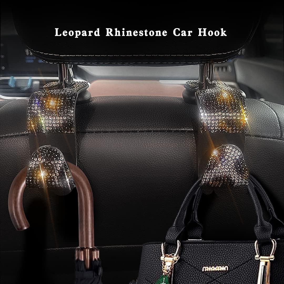 4 Pcs Bling Car Seat Hooks for Purses and Bags, Leopard Print Headrest Hooks with Bling Car Accessories