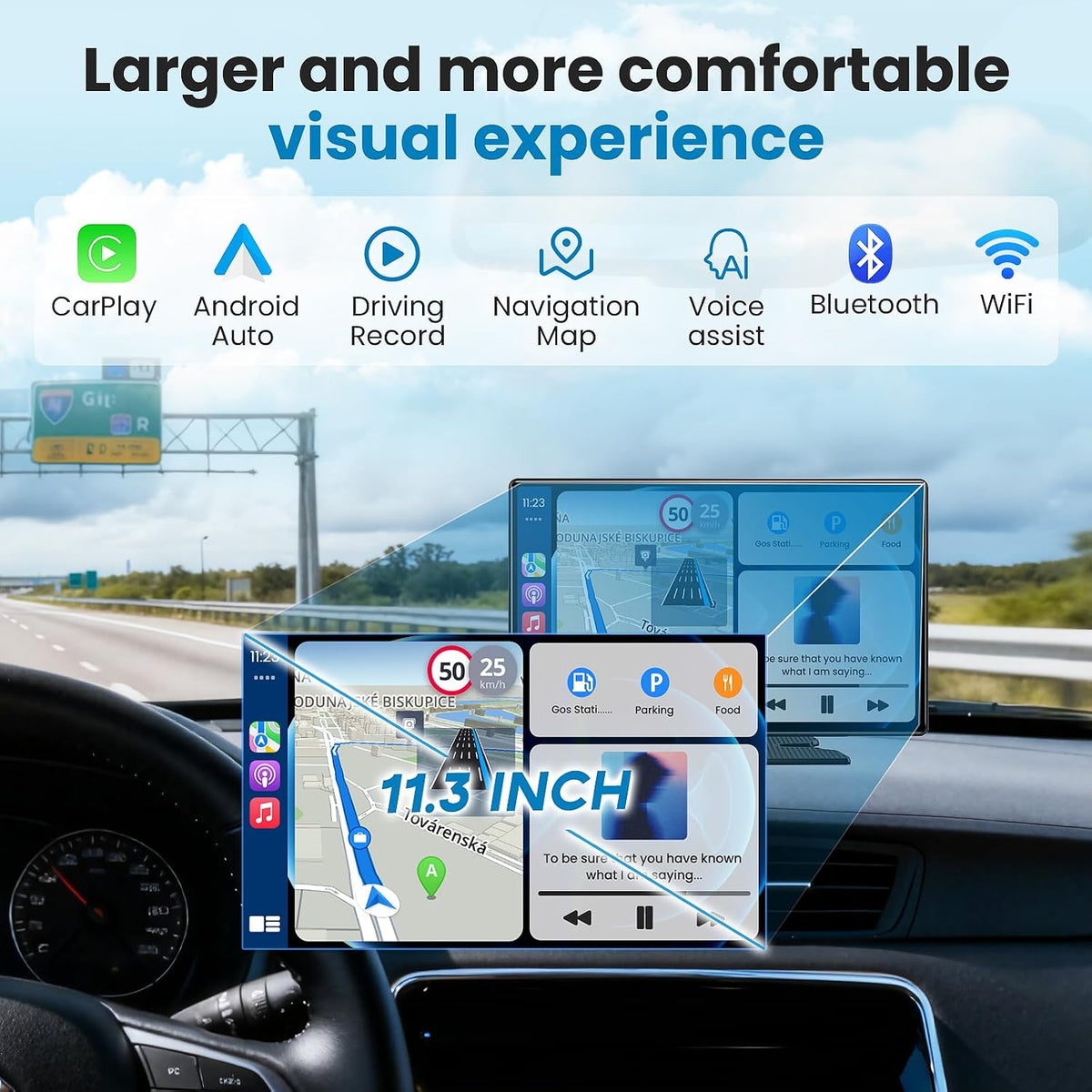 Portable Apple Carplay Screen for Car, 11.3" Extra Large Wireless Car Play & Android Auto Screen for Car, Car Stereo with 4K Dash Cam, App View, Backup Camera,GPS,Mirror Link,FM, Voice Control