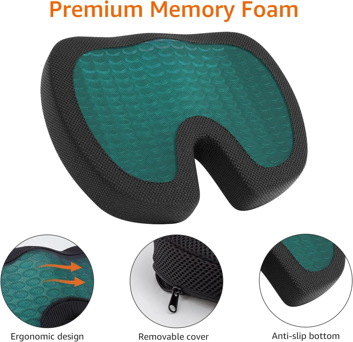 Amazon Basics Comfortable Seat Cushion for Office Chairs, Gel Enhanced Memory Foam, Non-Slip, Cooling Support for Long Sitting, Black