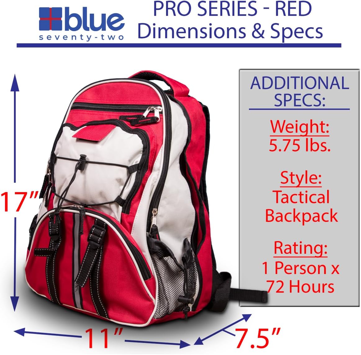 Blue Seventy-Two - Pro Series - Red Deluxe 72 Hour Emergency Backpack Survival Kit for 1 Person | Survival Kits for Emergencies (Includes Water Tablets)