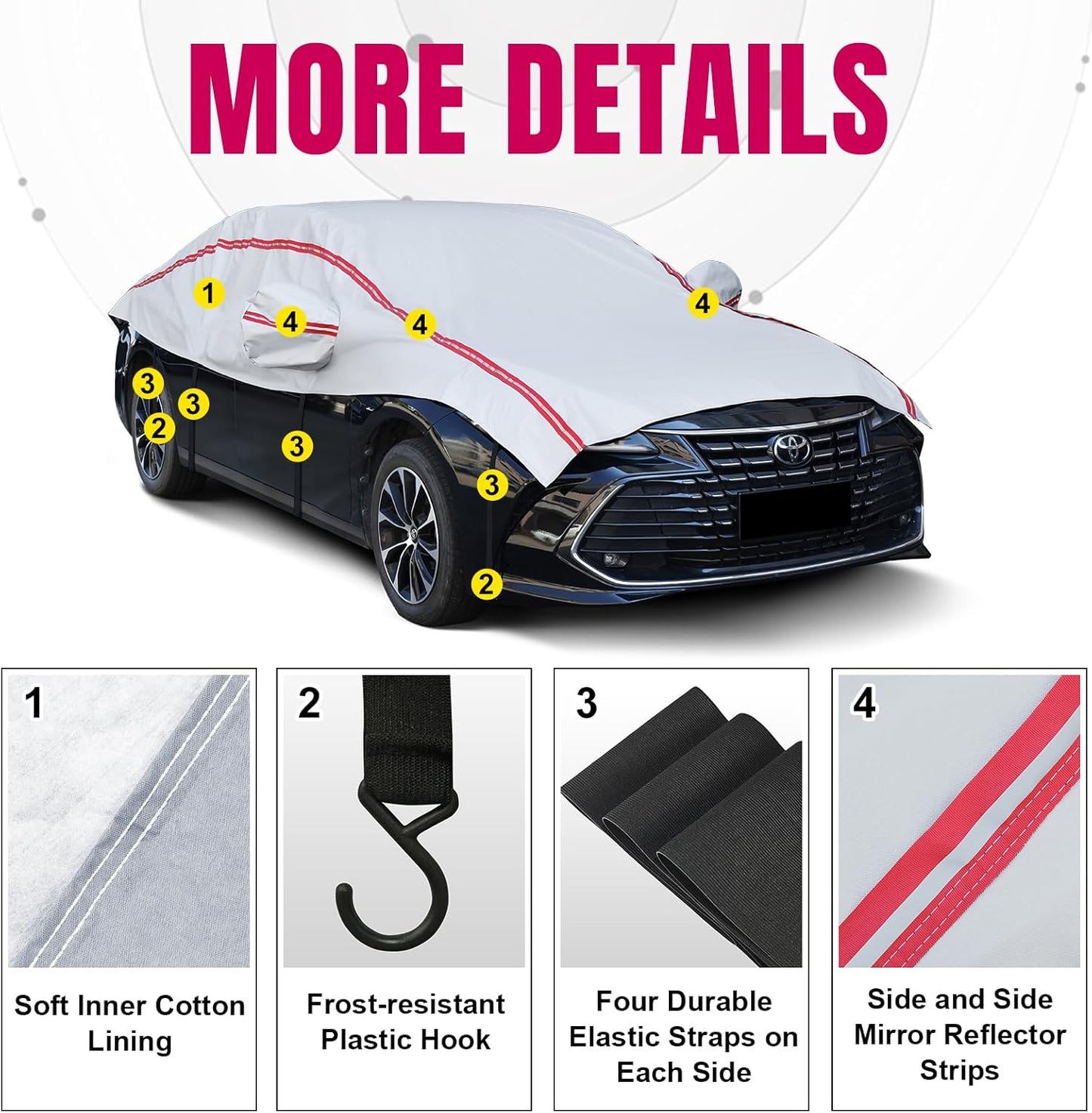Half Car Cover Sedan,Top Cover with Red Reflective Strip, Hail Protector Car Cover with Cotton Liner, Sunroof & Windshield Cover for Ice and Snow, All Weather Car Body Cover for Sun, Rain, Dust