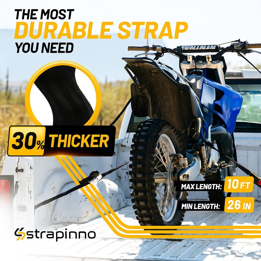 Strapinno Retractable Ratchet Straps (4-Pack), 1 in x 10 ft, 1,500LBS Break Strength, Most Durable Straps and Core, Auto Self Retracting Tie Downs for Truck, Moving, Motorcycle, Bike, Jetski, Kayak