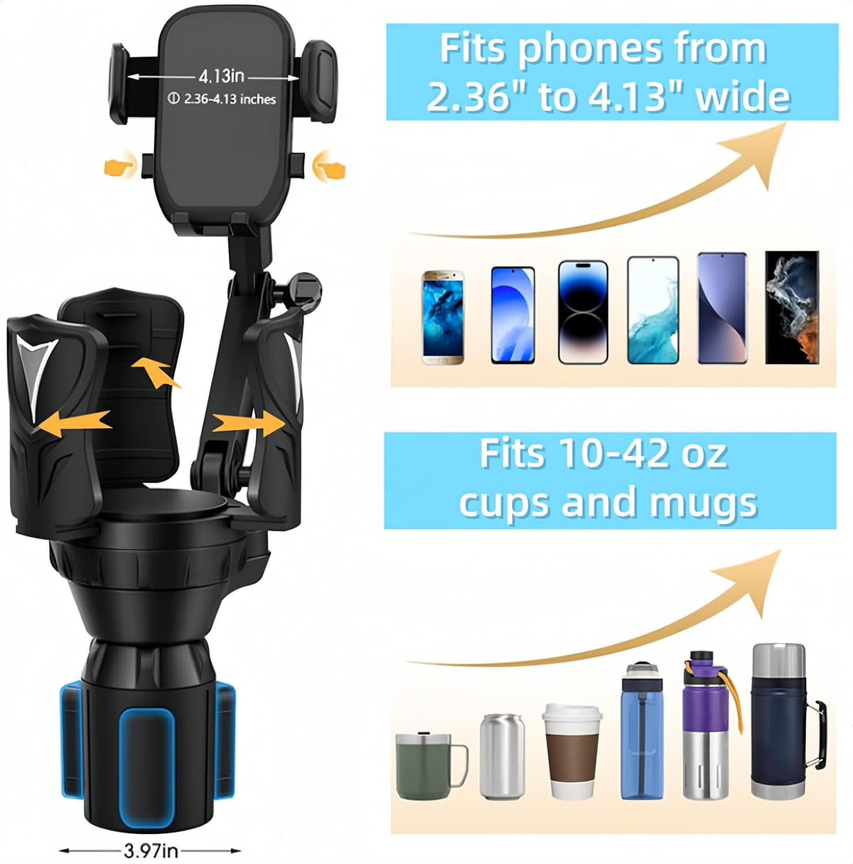 2-in-1 Car Cup Phone Holder for Your Car, Expander with Adjustable Base, 360 Rotation, Compatible for All Smartphones up to 4.13”, Universal Fit for Truck/SUV, Anti-Slip & No Shake Design -Black