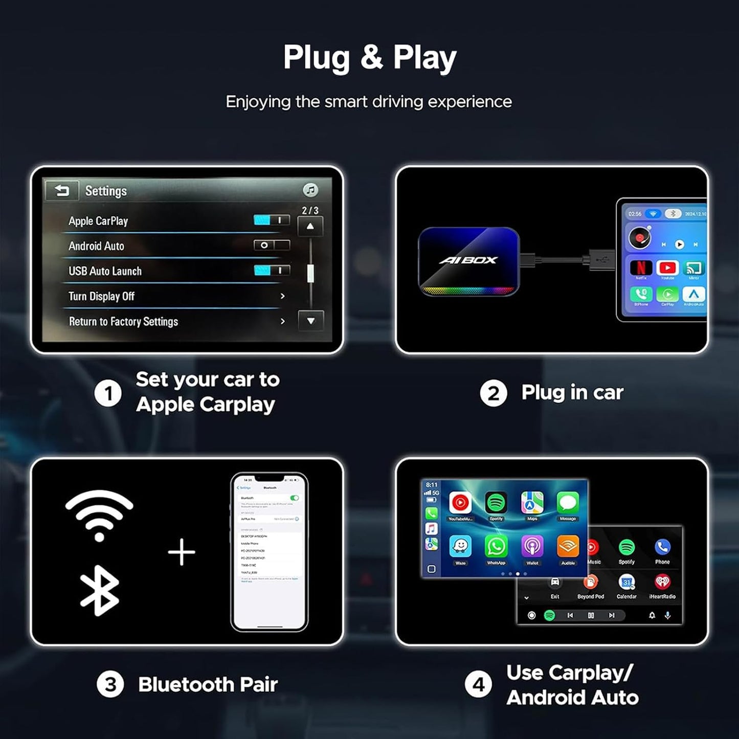 Magic AI Box, Wireless CarPlay Android Auto Adapter with Net-Flix YouTube TikTok, Built-in Play Store and Screen Mirroring, Plug and Play Video Adapter for OEM Factory Wired CarPlay Vehicles