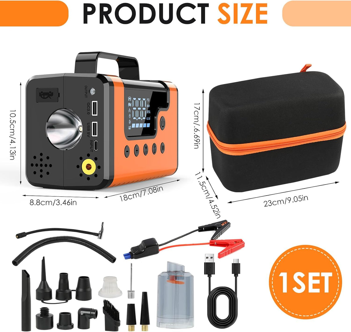 3000A Portable Car Jump Starter, 8-in-1 All-in-One Emergency Kit with 150PSI Air Compressor, Car Vacuum, Power Bank & LED Light, 12V Battery Booster for Gas Diesel Engines Cars Trucks SUV