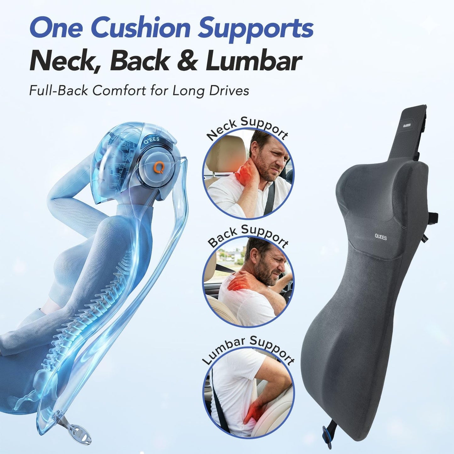 Lumbar Support Pillow for Car with Headrest, Memory Foam Cushion for Back & Neck Support, Muscle Fatigue Relief, Full-Length S-Curve Support for Long Drives, Fits Cars, SUVs, Trucks