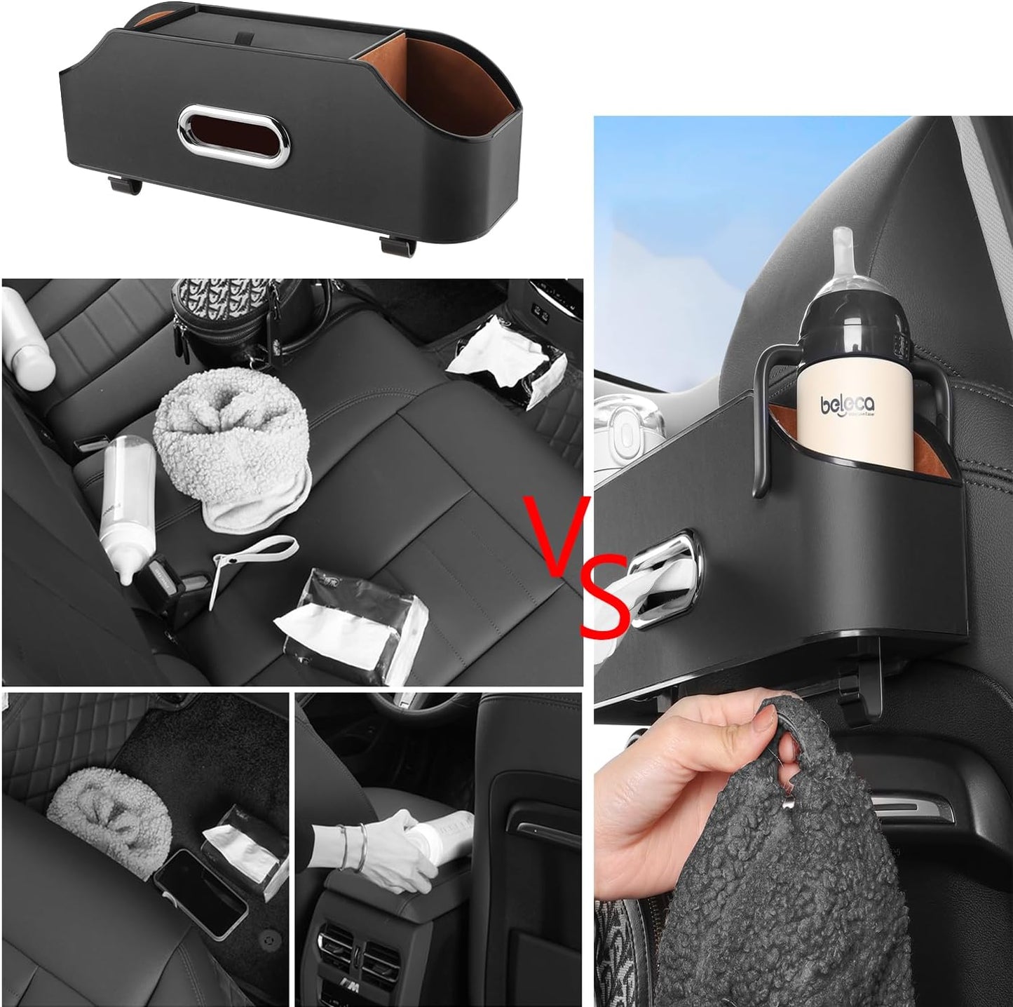 Car Back Seat Organizer with 2 Drink Cup Holder and Tissue Box, Headrest Hanging Storage Box with Hooks and Phone Holder, Multi-Functional Storage for Kids and Travel. (Black)