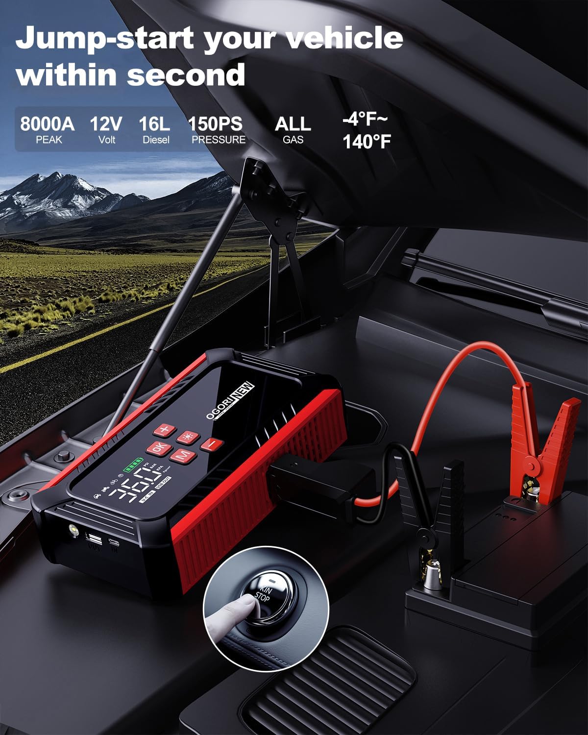8000A Jump Starter with Air Compressor, 26800mAh Car Battery Jump Starter (All Gas/16.0L Diesel) with 150PSI Auto-Shutoff Tire Inflator, 12V Jump Box with Booster, Jumper Cables, Cigarette Lighter