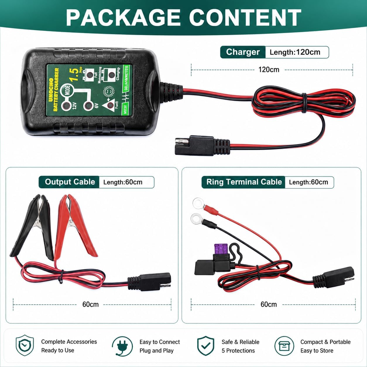 Unocho 6V/12V Battery Charger Maintainer 1.5A Automatic Trickle Charger Smart Float Charger for Car Motorcycle Lawn Mower Boat ATV Snowmobile Lead-Acid AGM GEL SLA VRLA WET Batteries