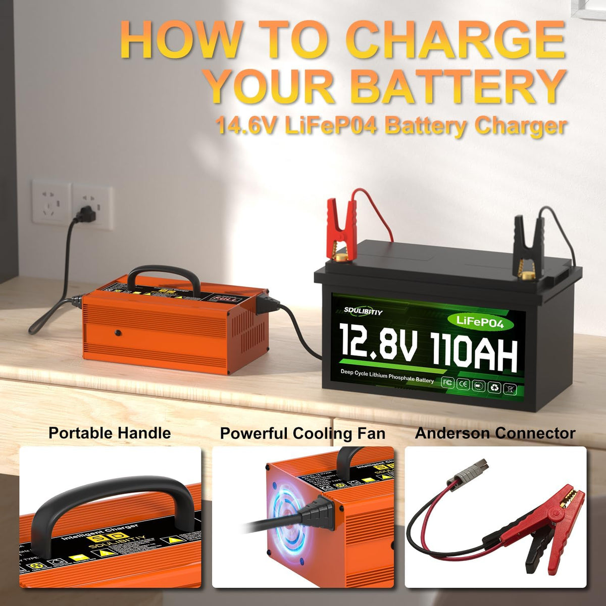 12V 20A Lithium Battery Charger 14.6V Lithium Iron Phosphate Battery, LED Display, Lifepo4 Battery Charger for Lifepo4 Deep Cycle Battery of Car RV Marine