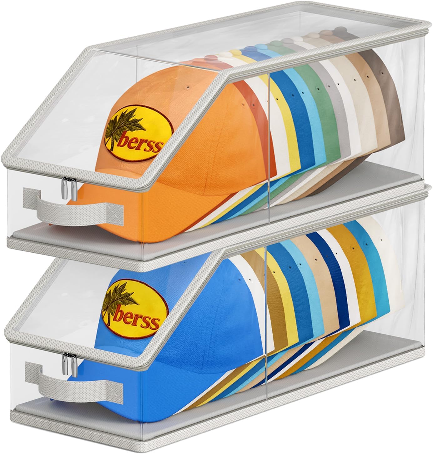 AOODA 2PCS Stackable Hat Storage for Baseball Caps, Clear Hat Organizer for Closet Holds up to 24 Caps, Men‘s Hat Box Display with Cardboard (Grey)