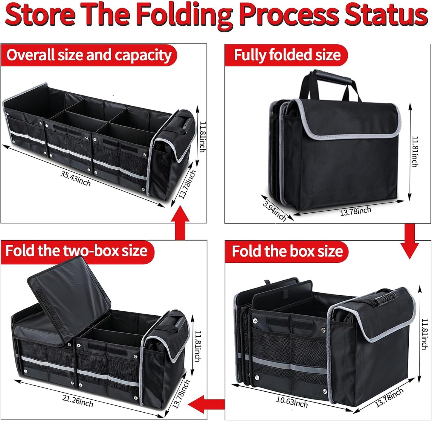Car Trunk Organizer with Removable Cooler Bag - Collapsible Multi-Compartment Storage for SUV Truck Groceries Camping, Durable Nylon Auto Cargo Organizer (Black)