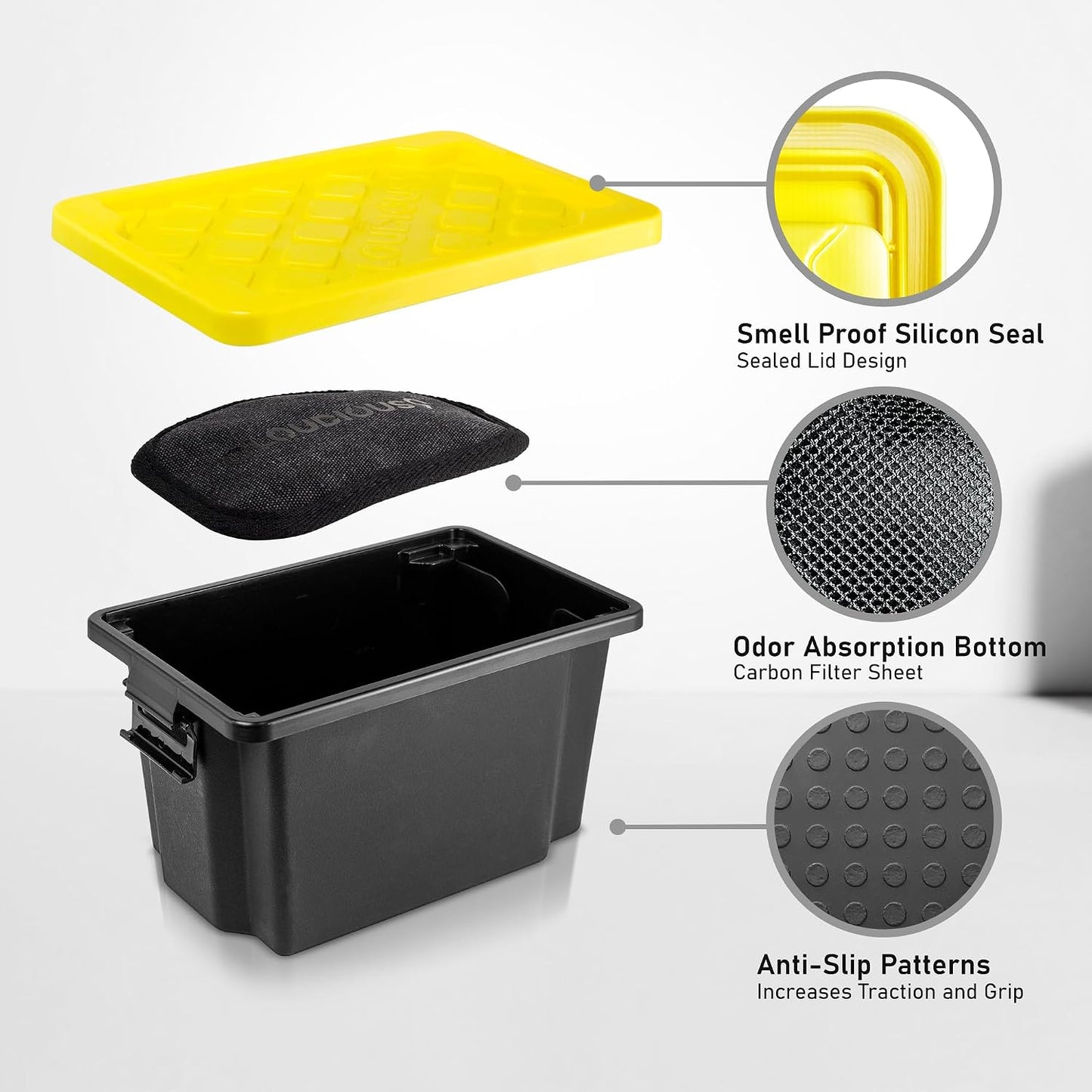 Stash9 Mini Tabletop Tote Storage Container Bins Carbon Filter Smell Proof Pack, Airtight silicone Seal and Two-Way Humidity Pack Slots Stackable Plastic Black Base Containers Stash Box Bin