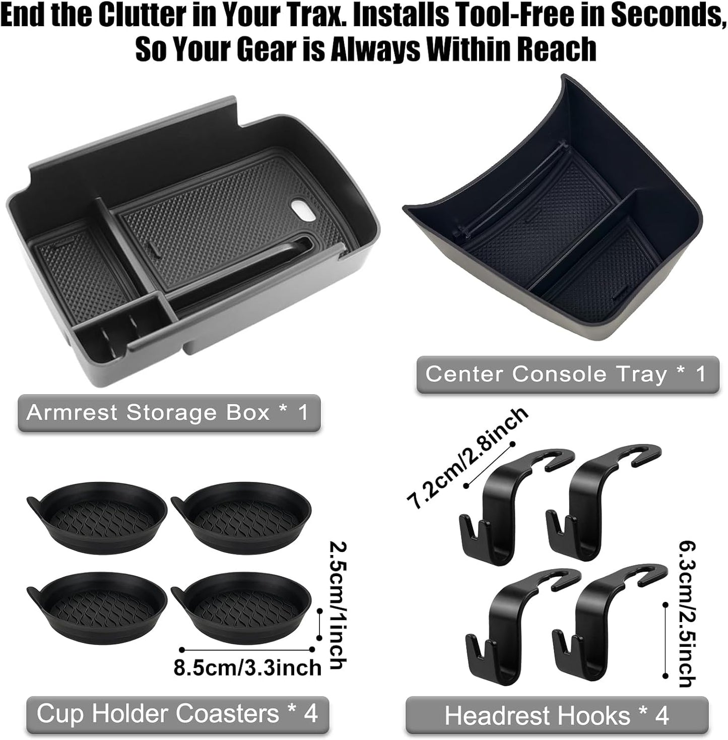 Upgraded 10Pcs Organizer Kit for Chevy Trax Accessories 2024 2025 2026, Center Console Tray & Armrest Storage Box, with 4 Cup Holder Inserts and 4 Seat Hooks, ABS Non-Slip Interior Accessories Black