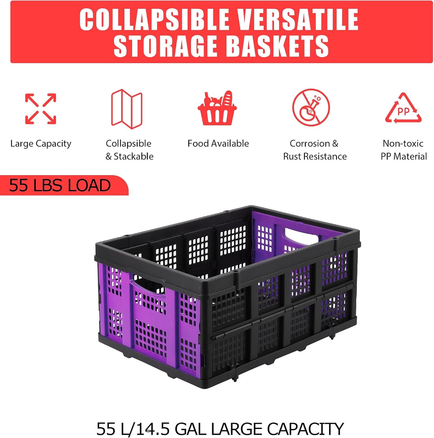 55L Closet & Home Organizer Box, Collapsible Storage Crates Stackable, Folding Plastic Baskets for Clothes and Toys, Space-Saving Utility Containers, Purple