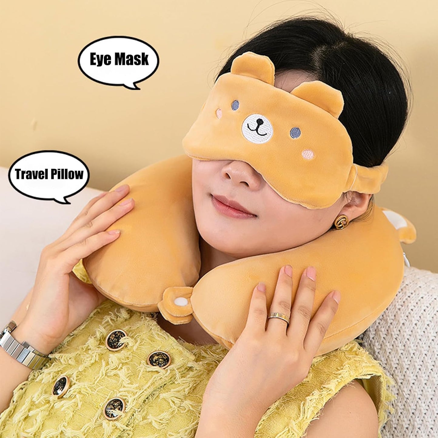 Kids Neck Pillow for Travel with Sleep Eye Mask, Cute Travel Neck Pillow, Memory Foam Flight Sleeping Headrest Pillow for Boys & Girls, Airplane, Train, Car, Home Use - Brown Bear