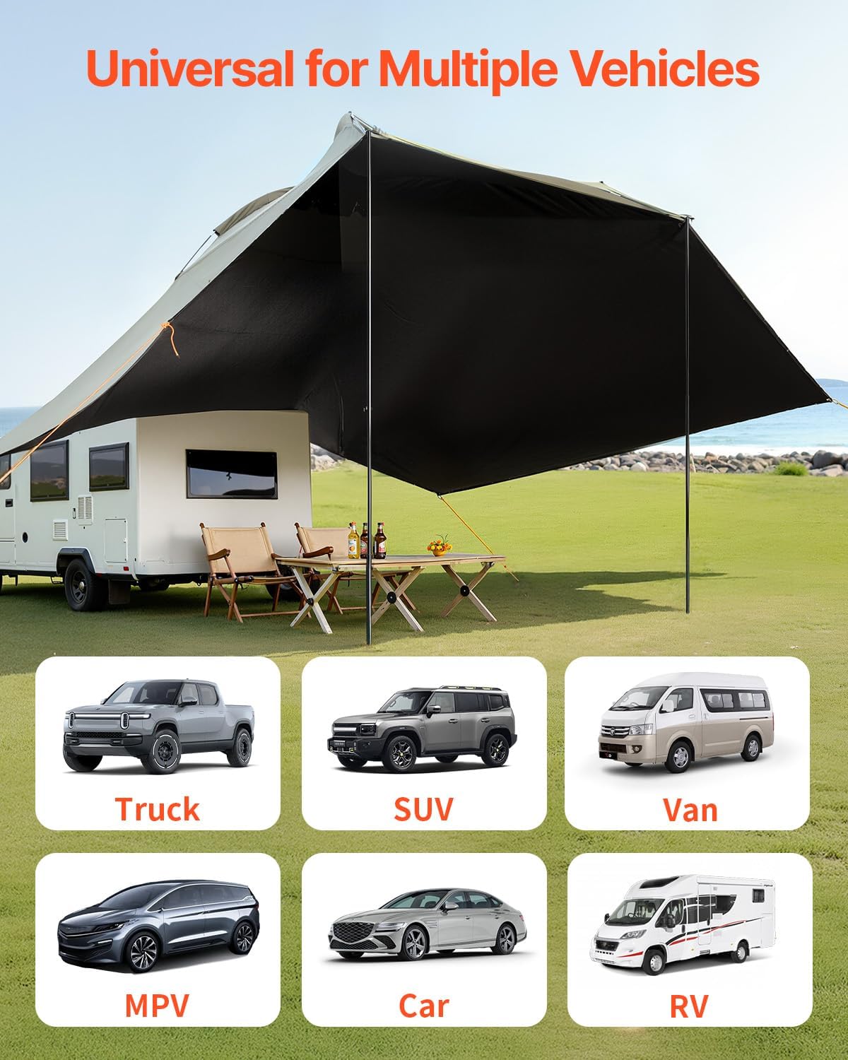 VEVOR Versatility Camping Tent, Auto Canopy Sun Shade UV50+ PU3000mm, Car Tailgate Sun Shelter for Truck Bed, SUV, RV, Van, Trailer and Overlanding, Portable Teardrop Awning Canopy Tear Resistant Tarp