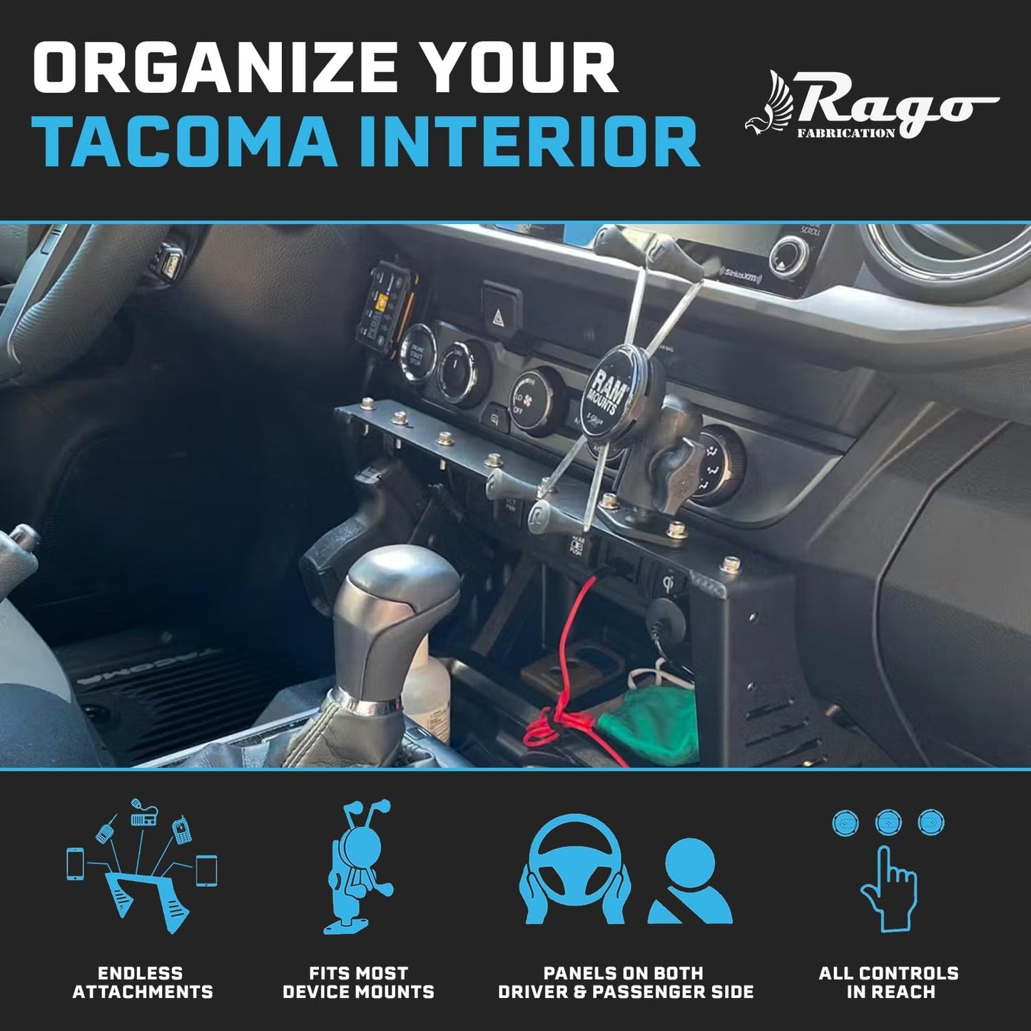 Rago Center Console Molle Storage Panel for 3rd Gen Tacoma 2016-2023 | Interior Organizer, Modular Gear Mount System for Tablets & GPS