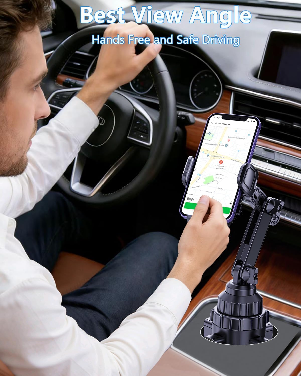 Universal Car Cup Holder Phone Mount with Detachable Base & Long Neck, 360° Rotating for No-Shake View, Securely Fits 65-106mm Large Truck/SUV Cups, Compatible with All 4-7 Inch Smartphones