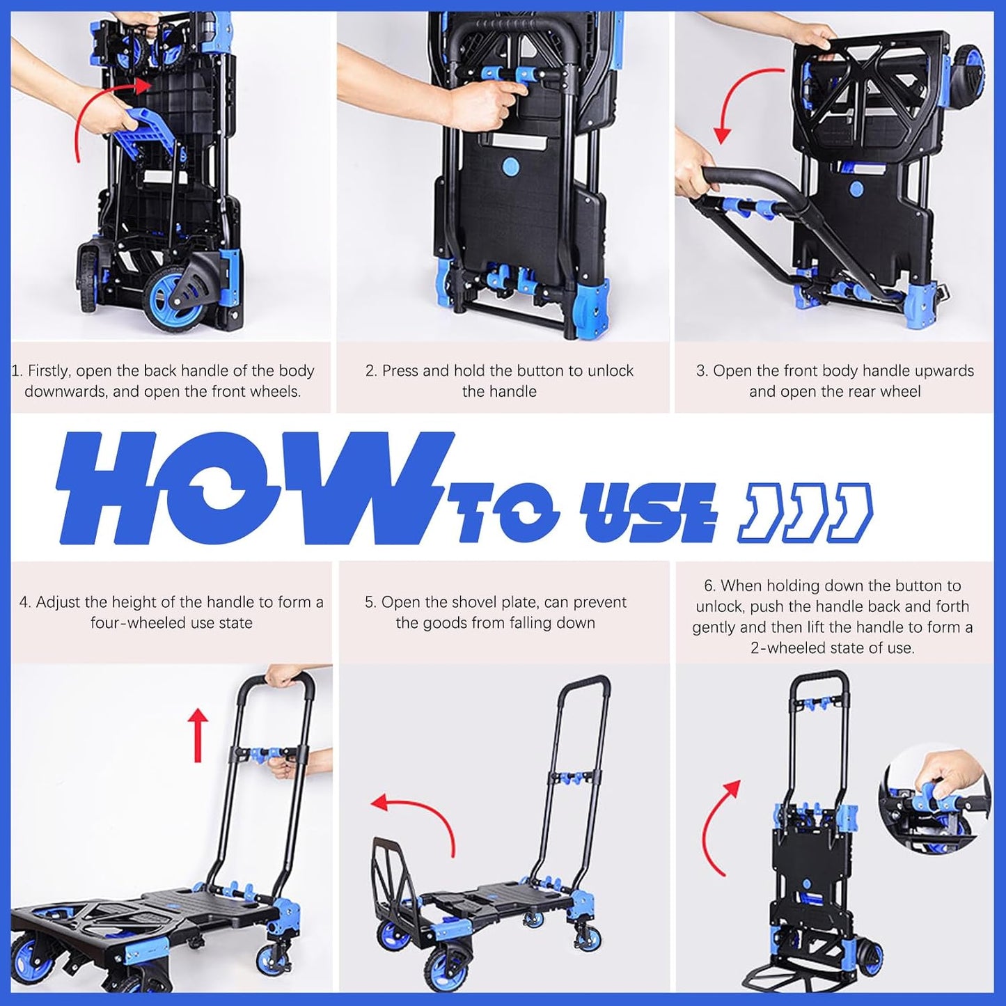 Folding Hand Truck, 2 in 1 Portable Heavy Duty Carrying Moving Dolly Cart with 4 Foldable Wheels and Retractable Handle Duty 330lbs (Blue with Folding Basket)