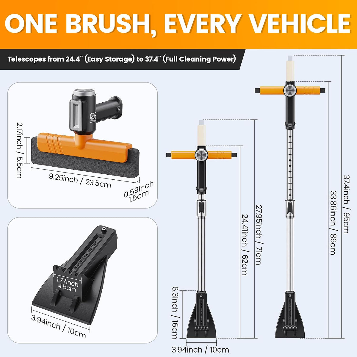 Ice Scrapers for Car Windshield & Snow Brush for Car, 3-in-1 Extendable Snow Brush 12 Adjustable Lengths with Detachable 360° Pivoting Head, Extendable Snow Brush for Truck SUV (24.4"-37.4")