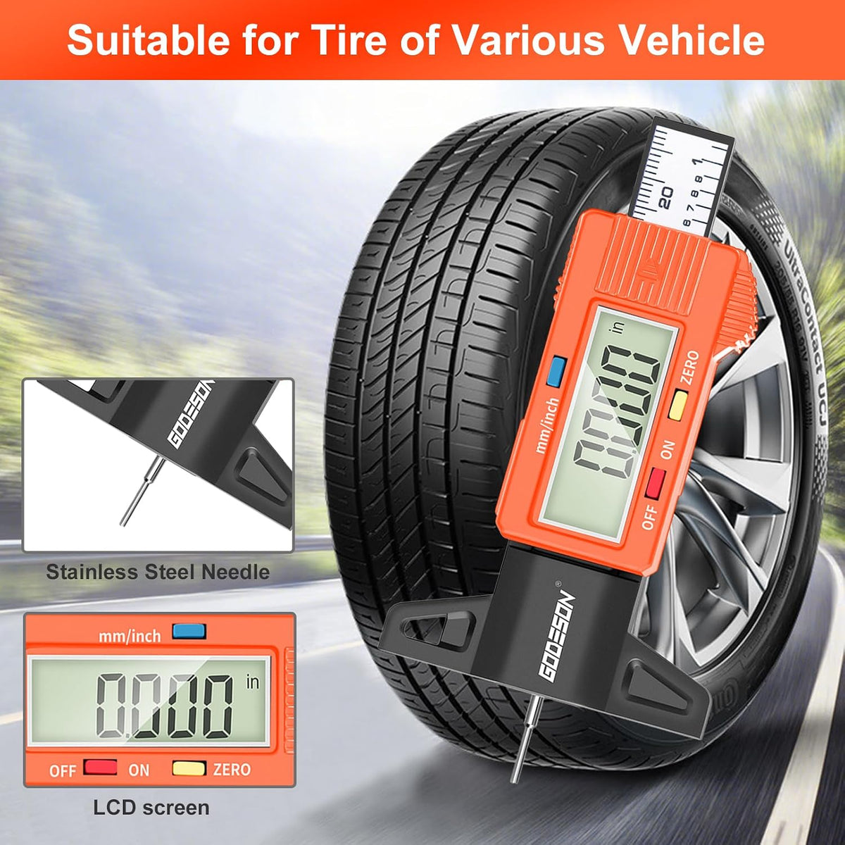 GODESON Tire Tread Depth Gauge - Large LCD Display/Zero Reset,1 Inch/25.4 mm Digital Tire Depth Gauge,Orange Tread Depth Gauge Fit for Trucks, Cars, Motorcycles