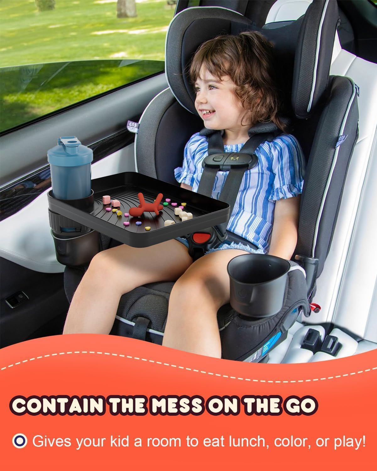 SEVEN SPARTA Car Seat Tray for Kids Toddler Travel with Soft Rubber Base, Rotatable and Removable Cup Holder Snack Tray for Food Color and Play for Family Road Trip Essentials (1, Standard Base)