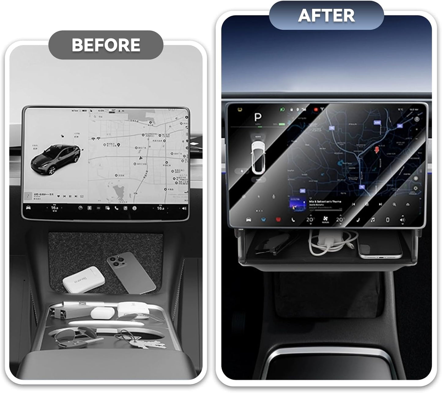 Under Screen Storage Box for Tesla 2020-2025 Model Y 2020-2023 Model 3, Hidden Design & Stable Installation, Hiddenable Privacy Storage with Anti-Slip Silicone Pad for Model Y 3 Accessories