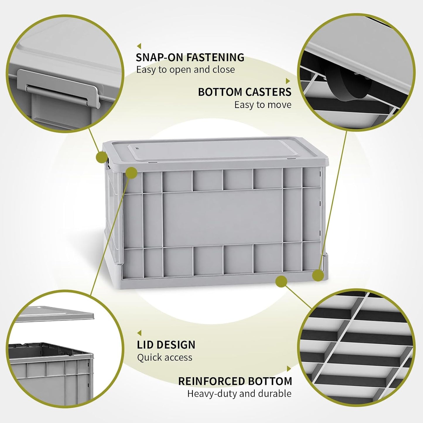 Stackable Storage Bins with Lids, 58L Collapsible Storage Bins with Wheels, Heavy Duty Folding Containers,Totes for Organizing Tools, Snacks, Books, Drinks, Camping & Transport (1 Pack)