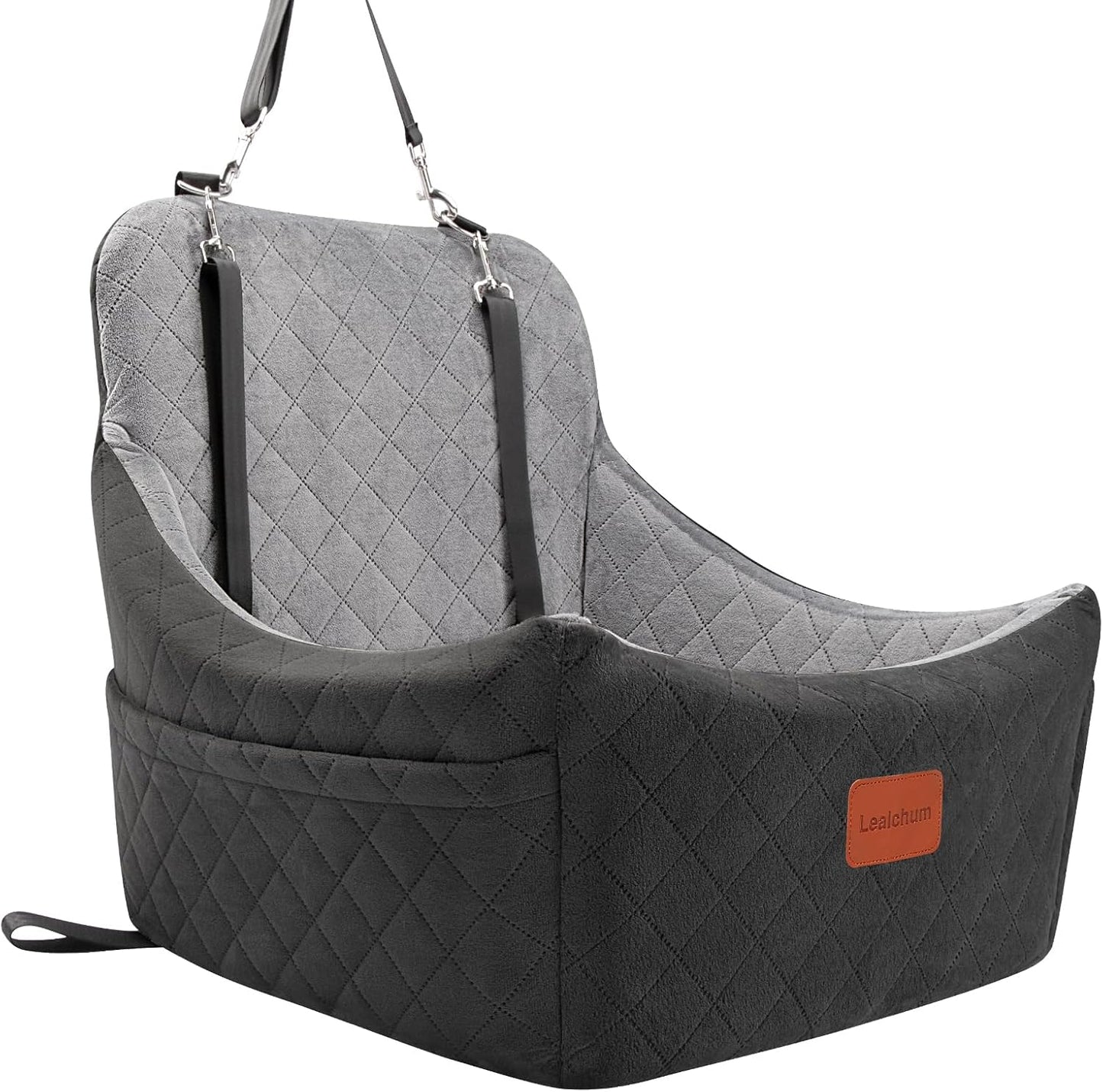 Lealchum Dog Car Seat for Medium Dogs Up to 40lbs,Fully Detachable and Washable,Memory Foam Covered Soft Fabric,Easy to Install with Adjustable Straps,Anti-Slip Base,2 Side Pockets(Black/Grey,Medium)