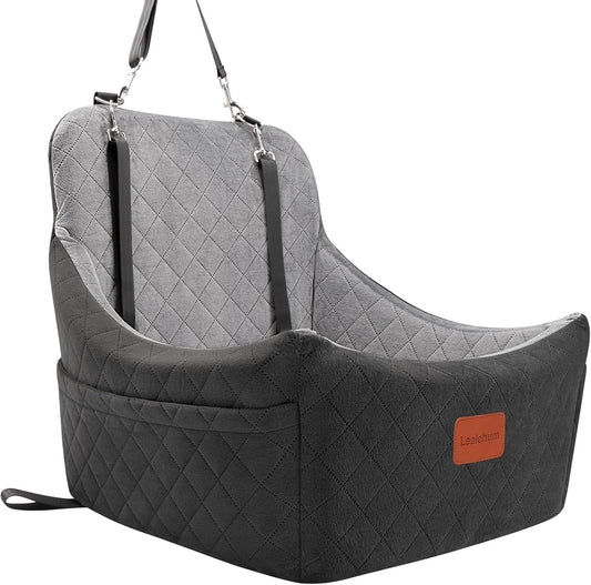 Lealchum Dog Car Seat for Medium Dogs Up to 40lbs,Fully Detachable and Washable,Memory Foam Covered Soft Fabric,Easy to Install with Adjustable Straps,Anti-Slip Base,2 Side Pockets(Black/Grey,Medium)