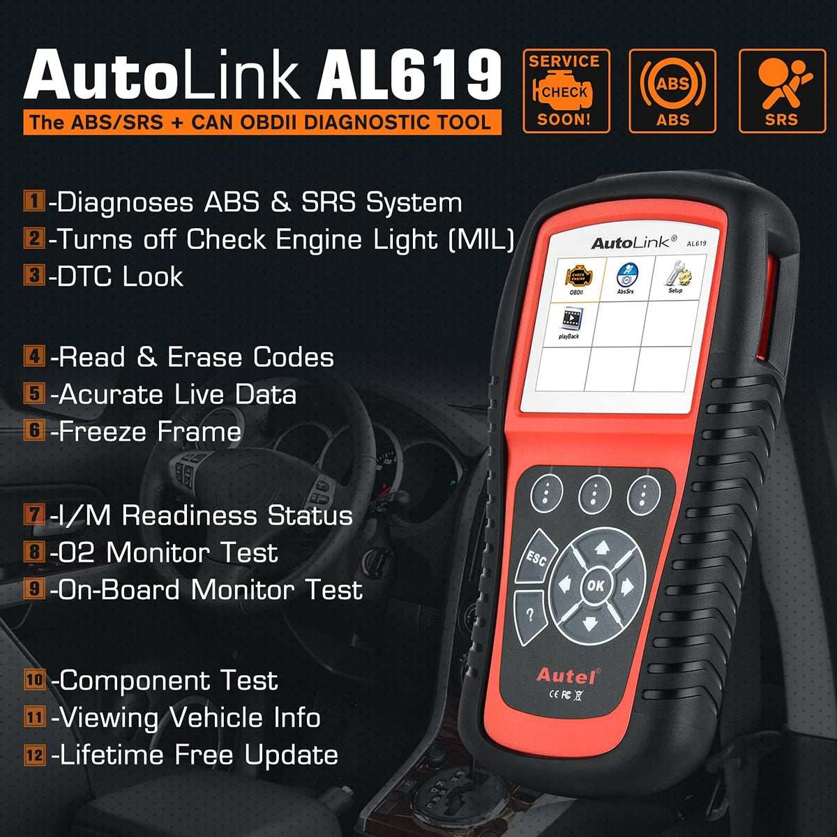 Autel AutoLink AL619 OBD2 Scanner, 2026 ABS SRS Warning Light Scan Tool