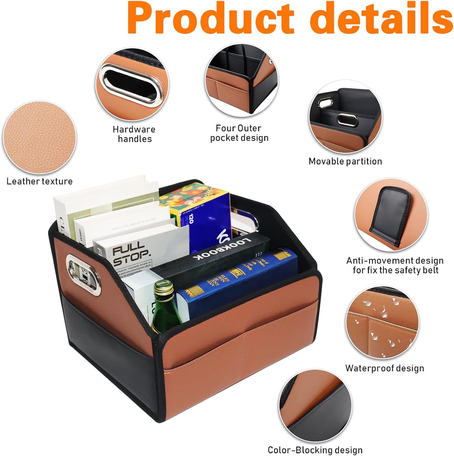 Noaman Car Organizer - 2025 Upgraded Leather Car Storage Organizer for Front Back Seat or Floor with 3 Metal Handles 6 Apartments, Multipurpose Car Organizers and Storage Brown.