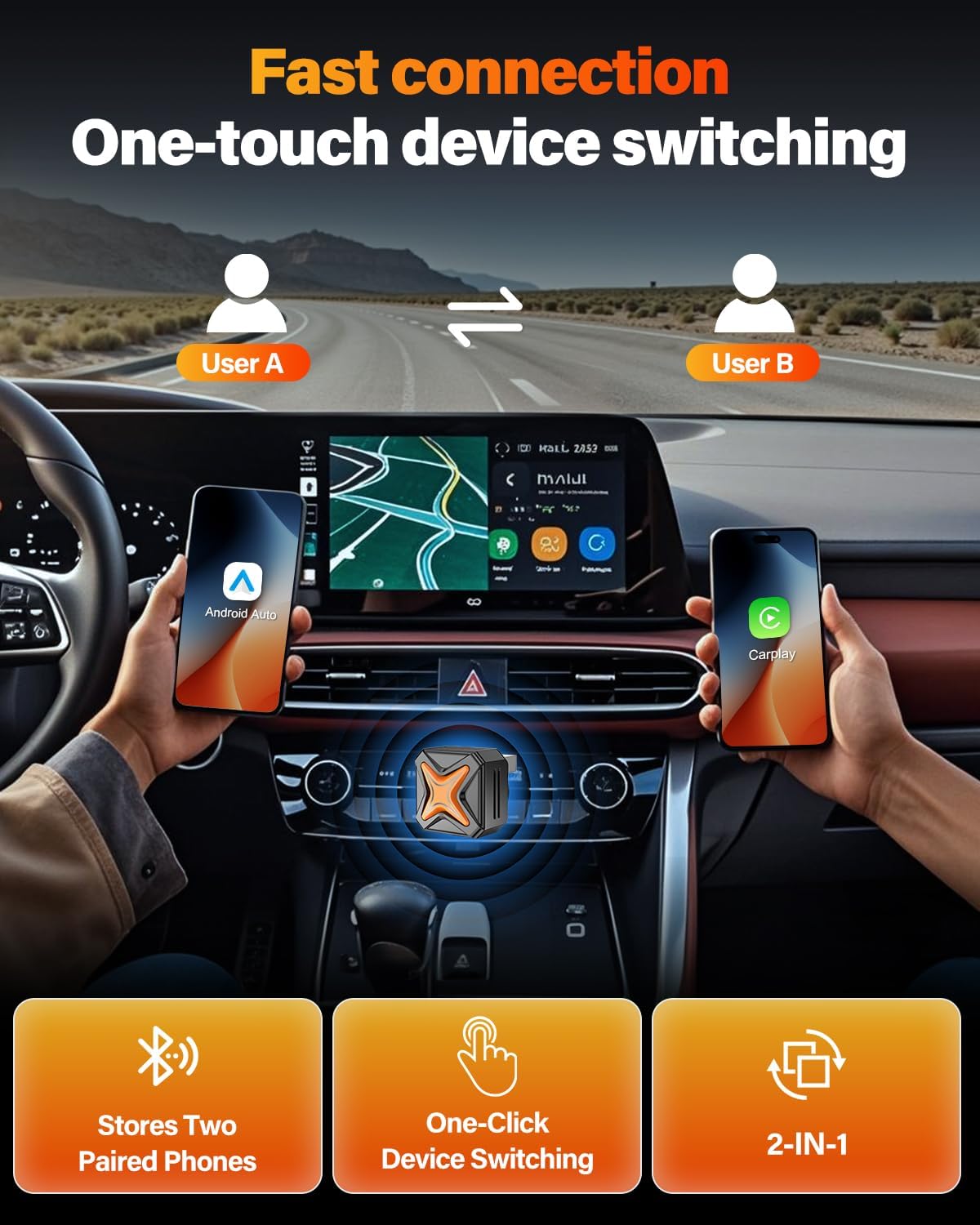 2026 Upgraded Mini Android Auto & Apple CarPlay Wireless Adapter for iPhone, Latest A7 Chip One-Click Switch, 3s Connect, Convert Wired to Wireless, Bluetooth 6.0, 5.8GHz WiFi, (iOS 12+, Android 11+)