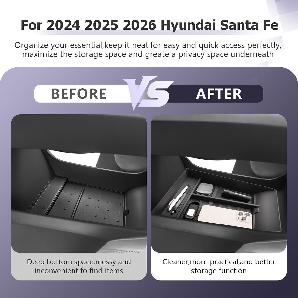 LUWU Lower Center Console Tray Storage Box for 2024 2025 2026 Hyundai Santa Fe SE/SEL/XRT/Limited/Calligraphy Accessories Armrest Console Organizer TPE Material 2025 2026 Santa Fe Accessories Black