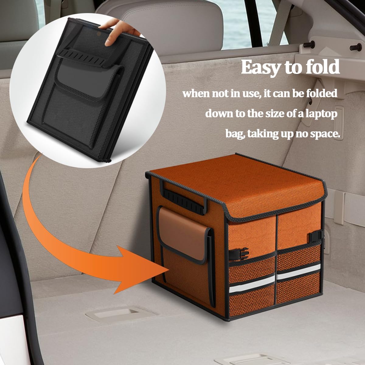 HZEL Car Trunk Organizer with Lid, Foldable Slip Resistant Multi-Compartment Vehicle Cargo Storage Box, Collapsible Waterproof Automotive Trunk Organizer, Universal for SUV Van Truck (Orange)