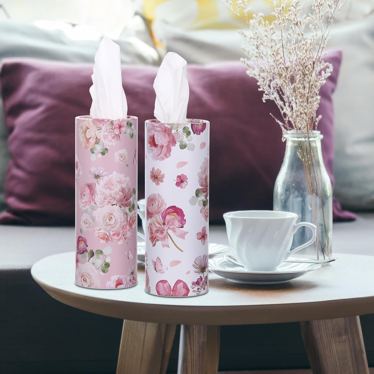 Ctosree 6 Pack Car Tissue Holder 300 Sheets Floral Tubes,Pink,White